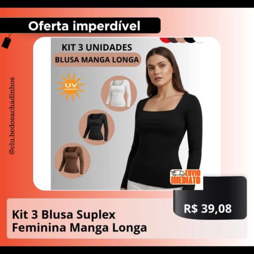 Kit 3 Blusa Suplex Feminina Manga Longa